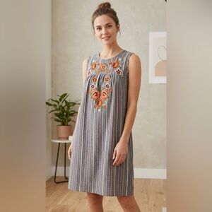 NWT L Love Embroidered Boho Cotton Sleeveless Shift Dress Medium Blue Striped